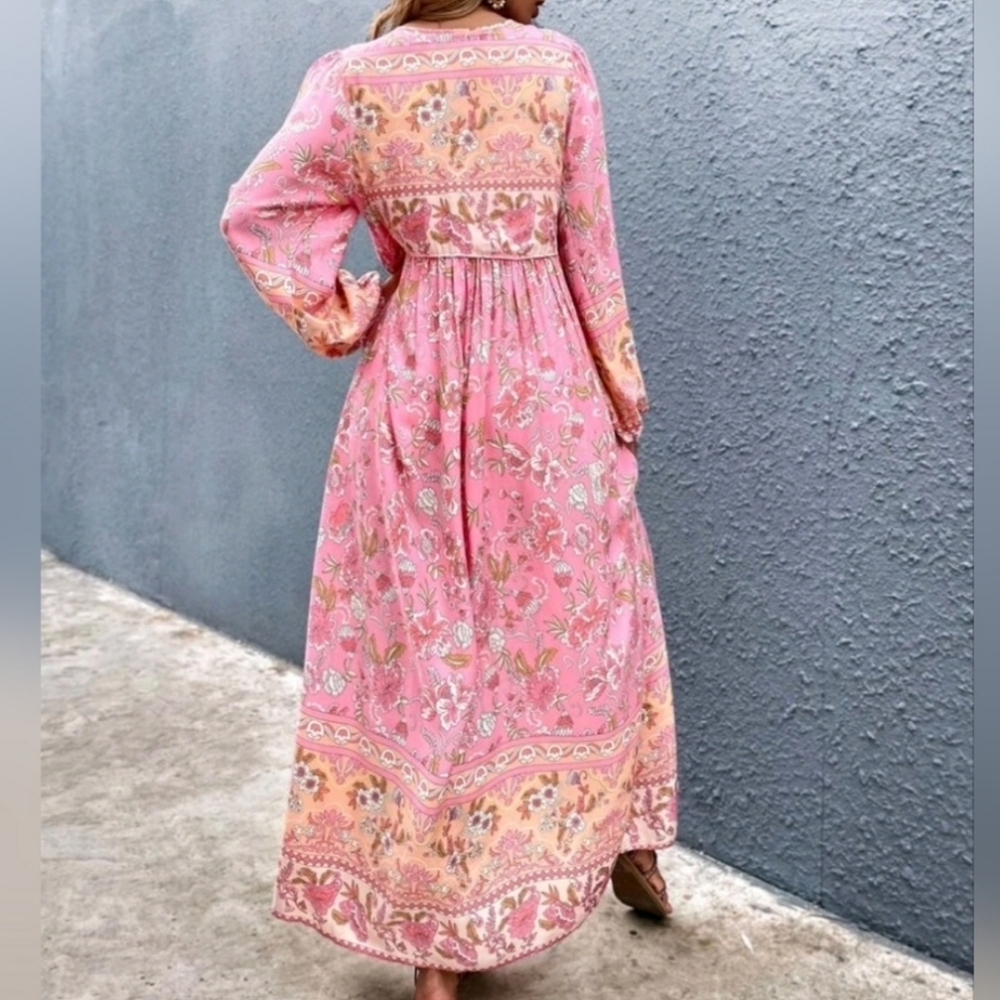 New Boho Cottage Floral Maxi Smock Dress Pink Yellow Tan White Green - Picture 5 of 8